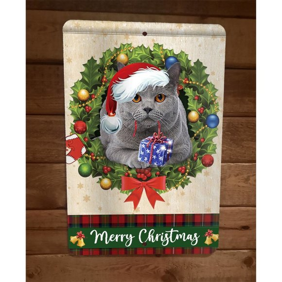 Merry Christmas Russian‎ Blue Cat Xmas 8x12 Metal Wall Sign Animal Poster - Picture 1 of 1